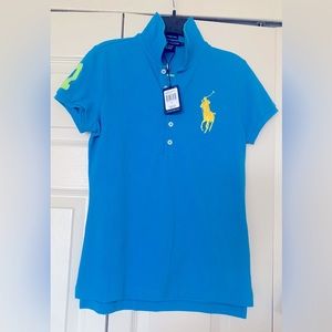 Women’s small polo golf shirt with cap  sleeves, monogram on left breast.